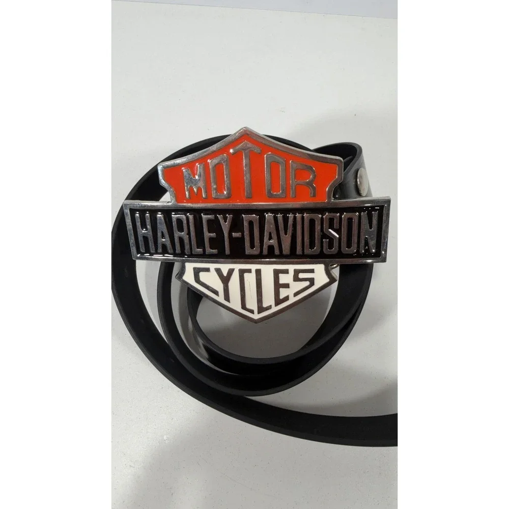Harley Davidson Belt Buckle Orange Black Bar Shield Logo Biker Mens Black Belt